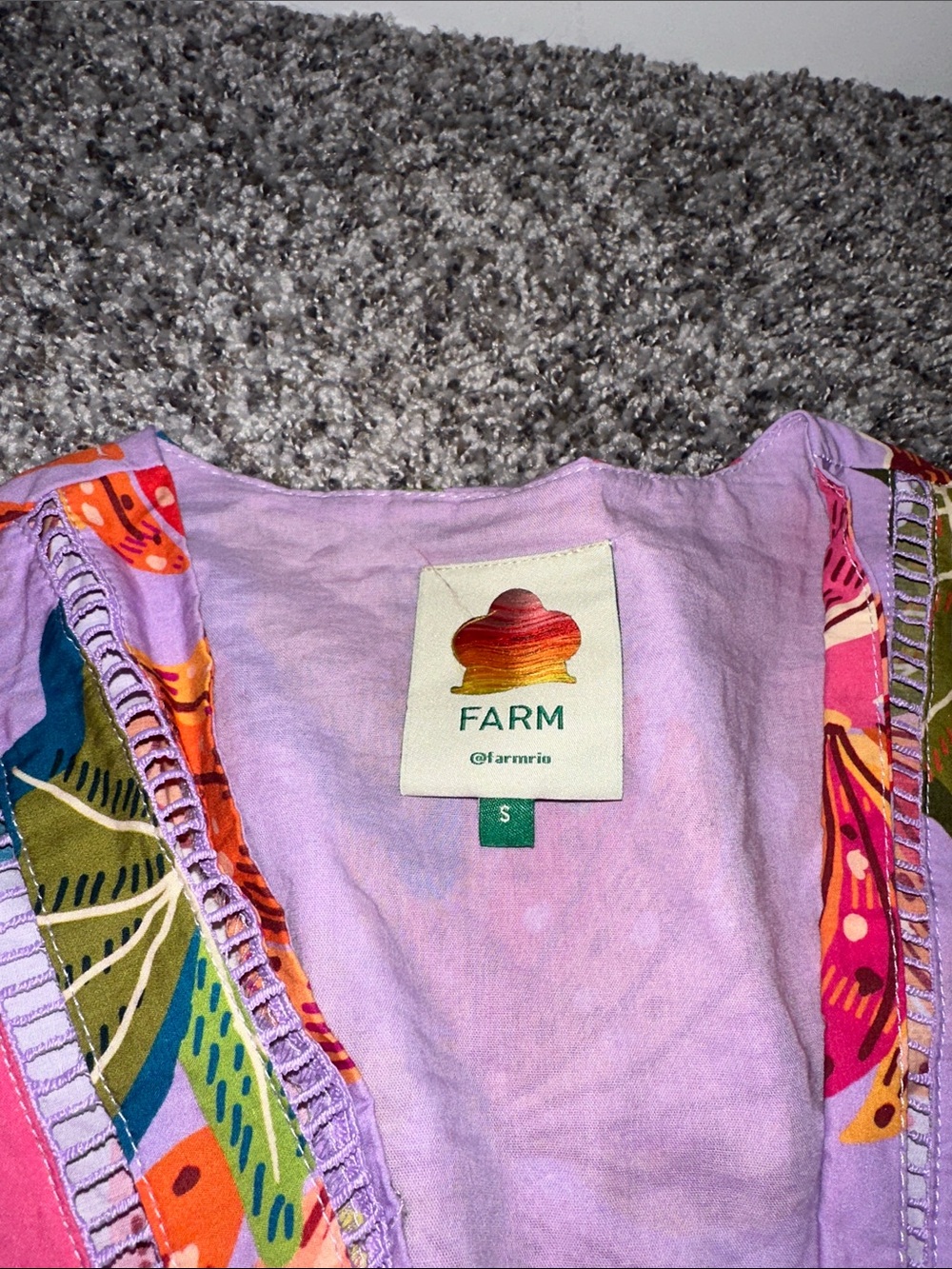 Farm Rio Lavender Tropical Print Short Romper with Puff Sleeves and Belt - Picture 2 of 4